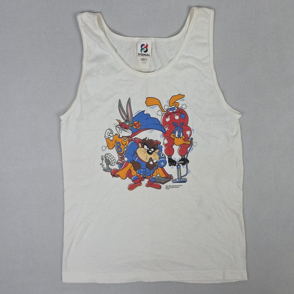 Vintage 90s Looney Tunes Tank Top Mens Large White Muscle Superhero Gym Workout